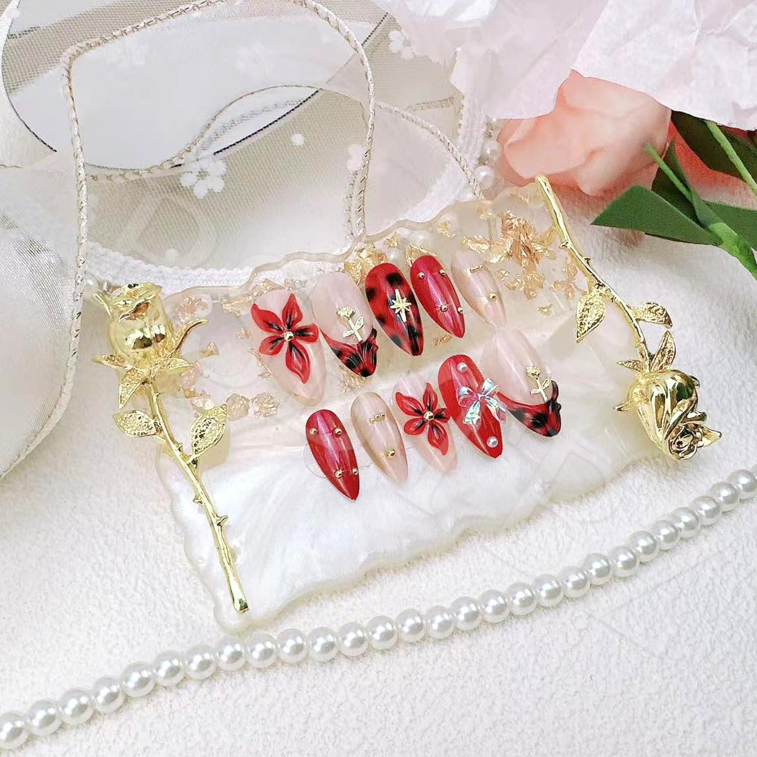 24Pcs Flower Press on Nails Medium Almond Fake Nails with 3D Bow Rose Gold Beads
