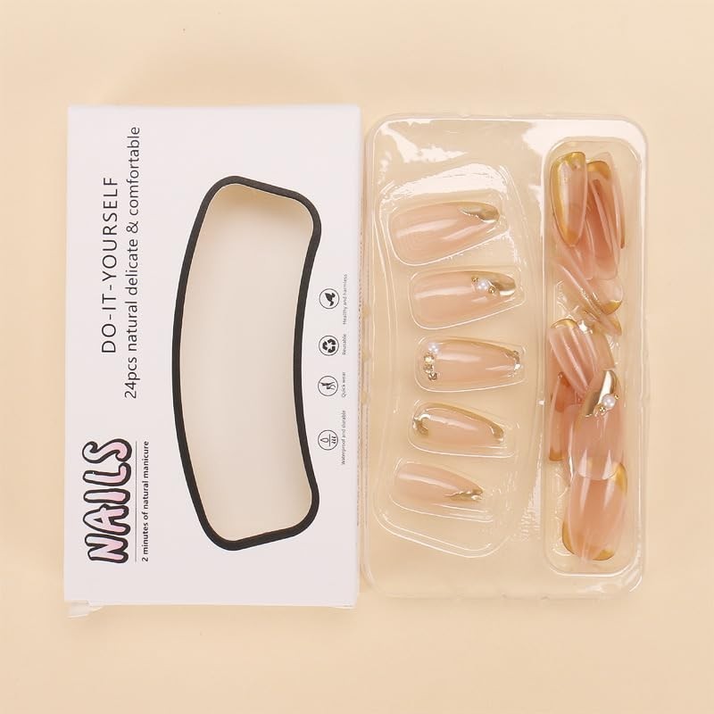 Luxurious French Tip Press On Nails with Gold Lines – Pack of 24 for Women