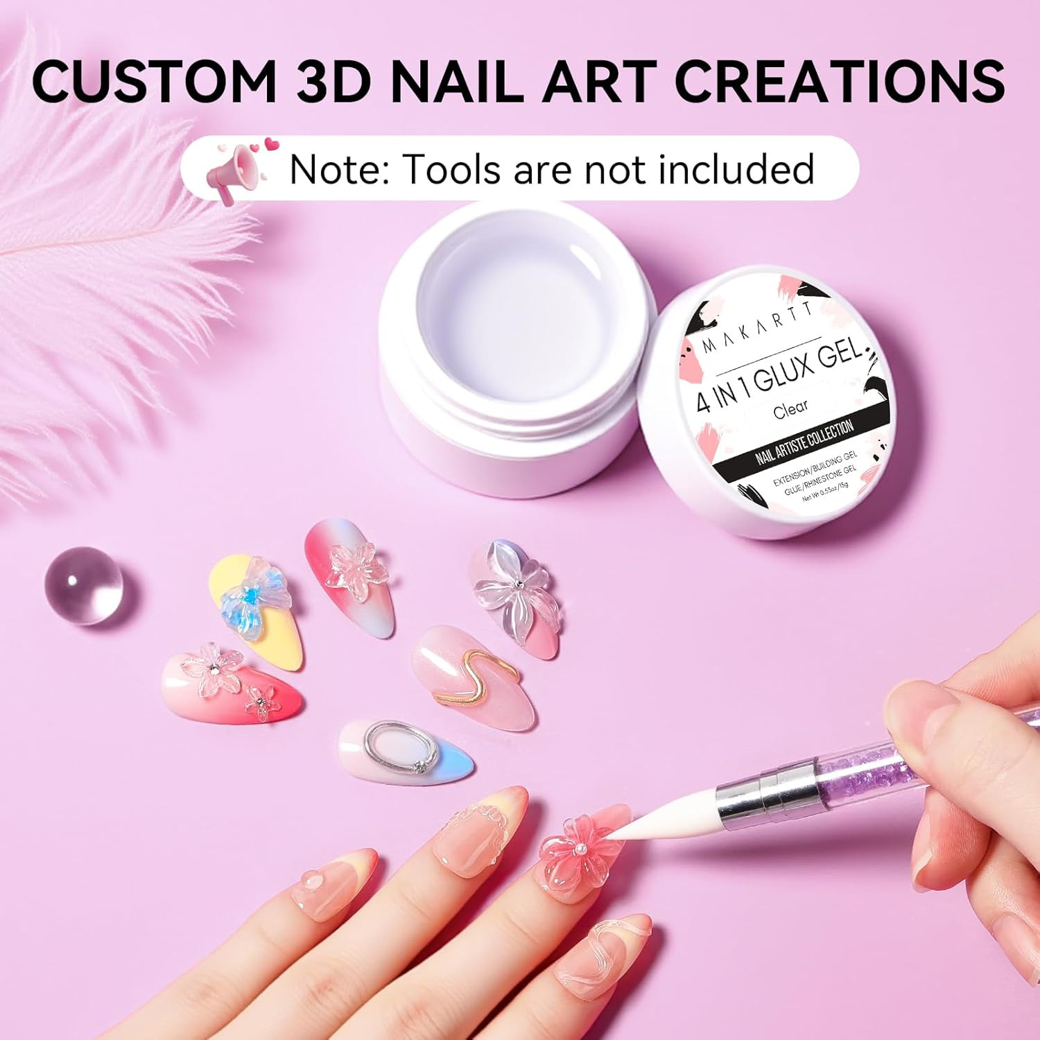 3D Gel Nail Art, Clear Non-Sticky 4-In-1 Glux Gel | for Molding, Carving, Shapin