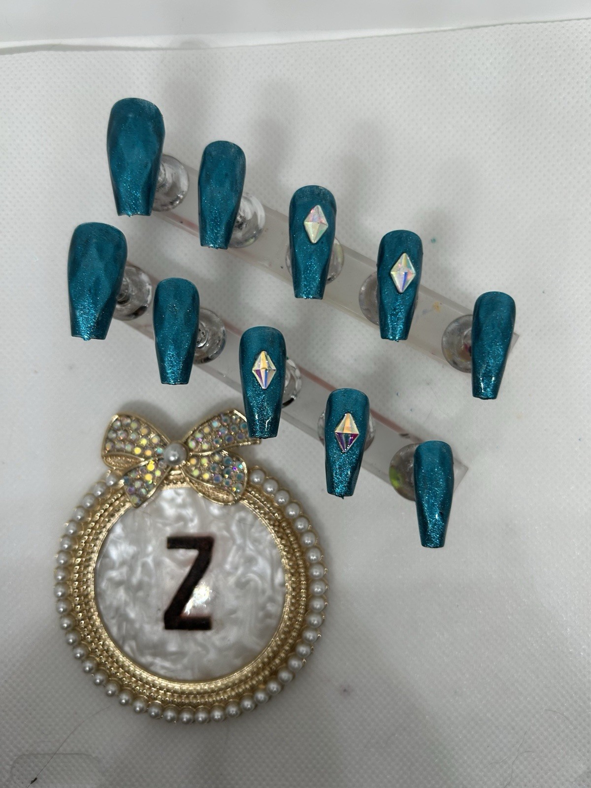 Z NAILZ! Handmade M Coffin Tesl Faceted Shiny W/AB Stones Press On Nails
