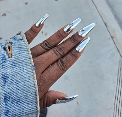 Super Long Shiny Punk Style Silver Coffin Ballerina Press on False Nails Meta…