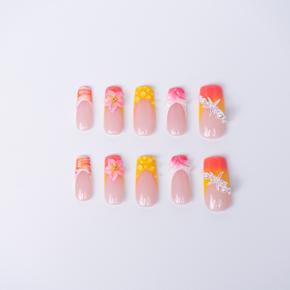 Handmade Square Press On Nails Floral Orange Pink Gradient Press On Nails S-L