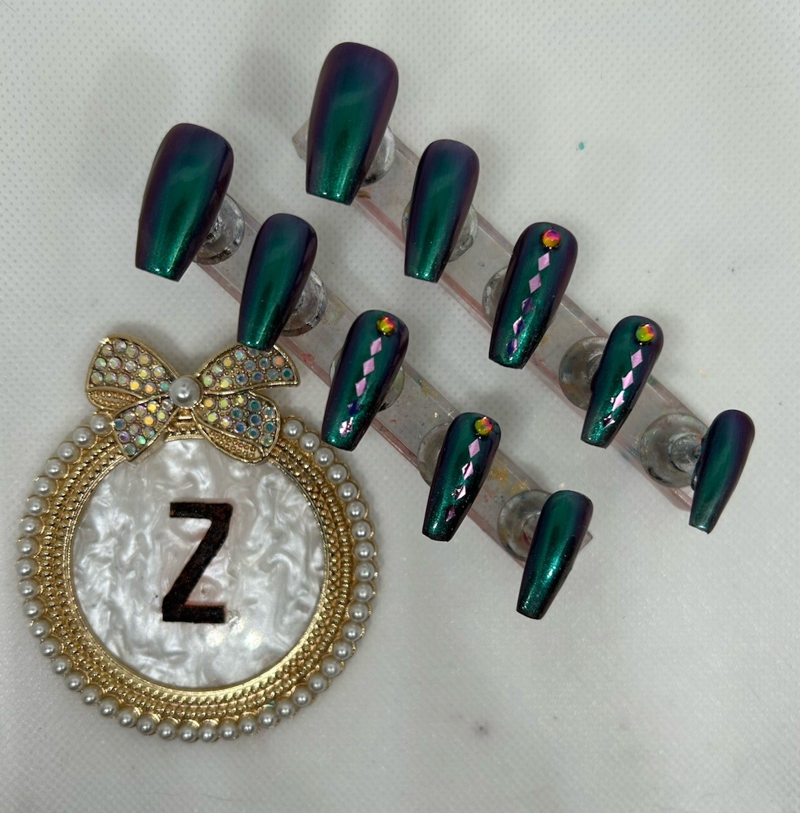 Z NAILZ! Handmade M Coffin Green/Purple Reflective Paint W/accents Press On Nail