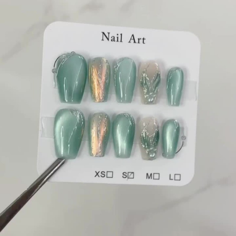 10Pcs Mint Green Aurora Cat Eye Nails, Mermaid Tail & Pearl Design, Removable
