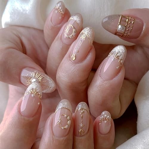Silver Glitter French Press On Nails 24pcs, Nude Almond 40-Sun Moon and Stars
