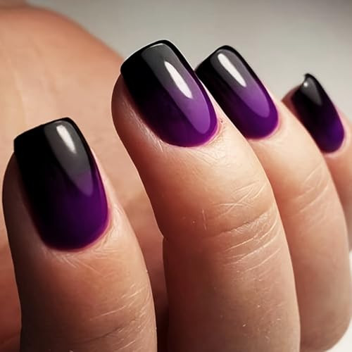 French Tip Press on Nails Short Square Fake Nails Purple & Black Square Nails25
