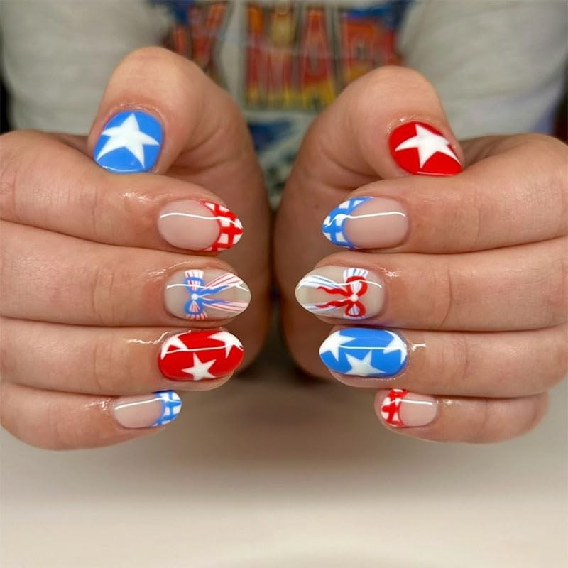 24Pcs 4th of July Press on Nails Short Almond 250th Anniversary Style03