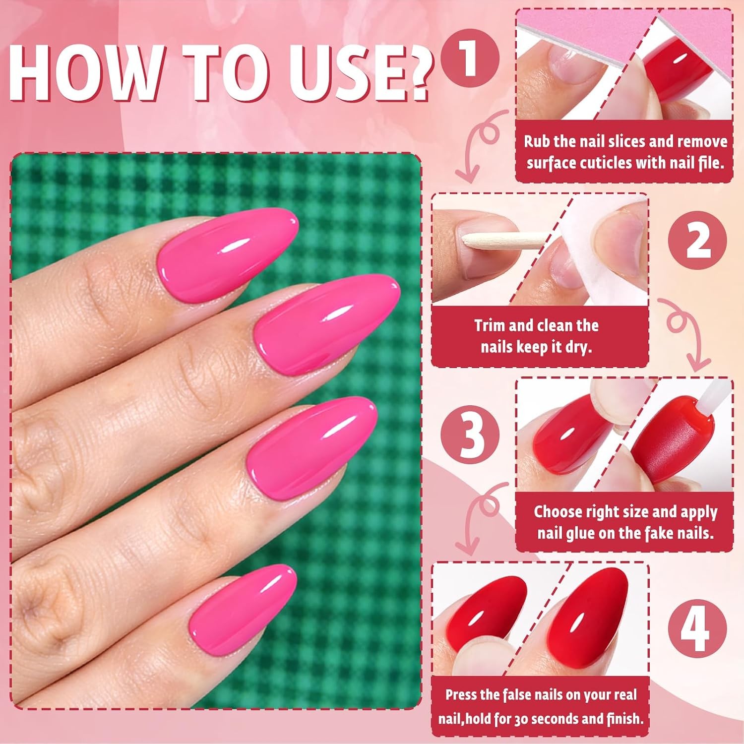 160Pcs Press on Nails Short Almond – Hot Pink Nails Press ons with 5 Pieces Jell