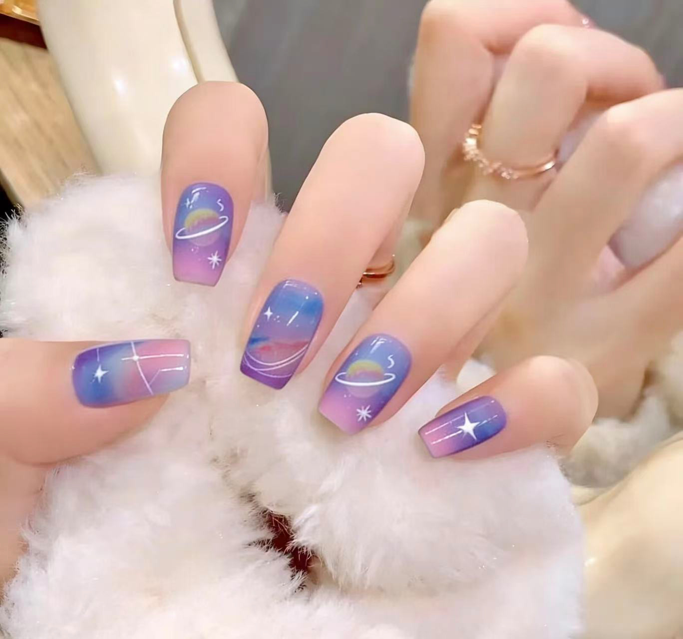 10Pcs Starry Galaxy Short Square Press On Nails One Size Fits Most
