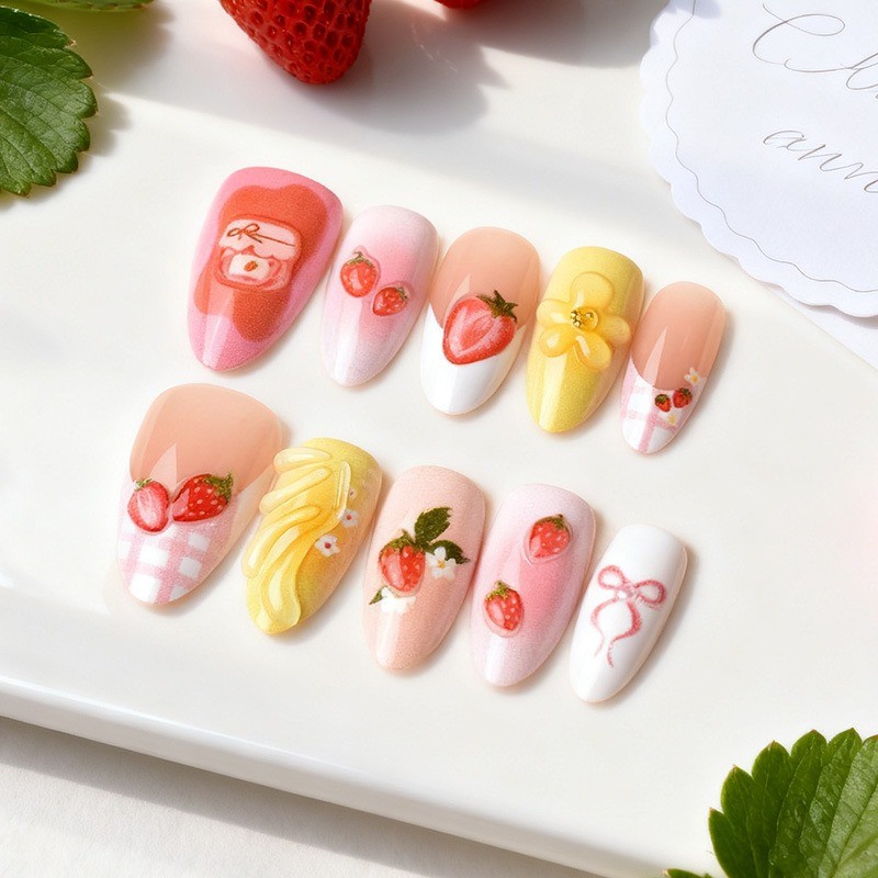 60pcs-Strawberry Press on Nail with 3D Charms and Floral Art, Short Almond Nails