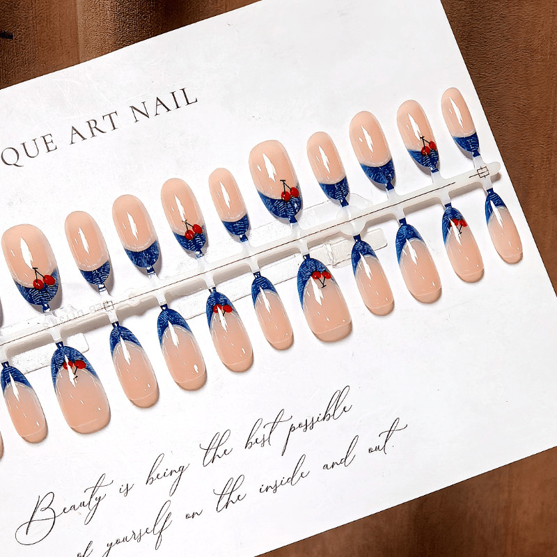 60pcs Almond Press on Nails, Denim French Tip Hand Drawn Cherry Casual Nail Art