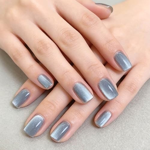 Cat Eye Press on Nails – Short Square Fake Nails – Blue Grey – Style 8