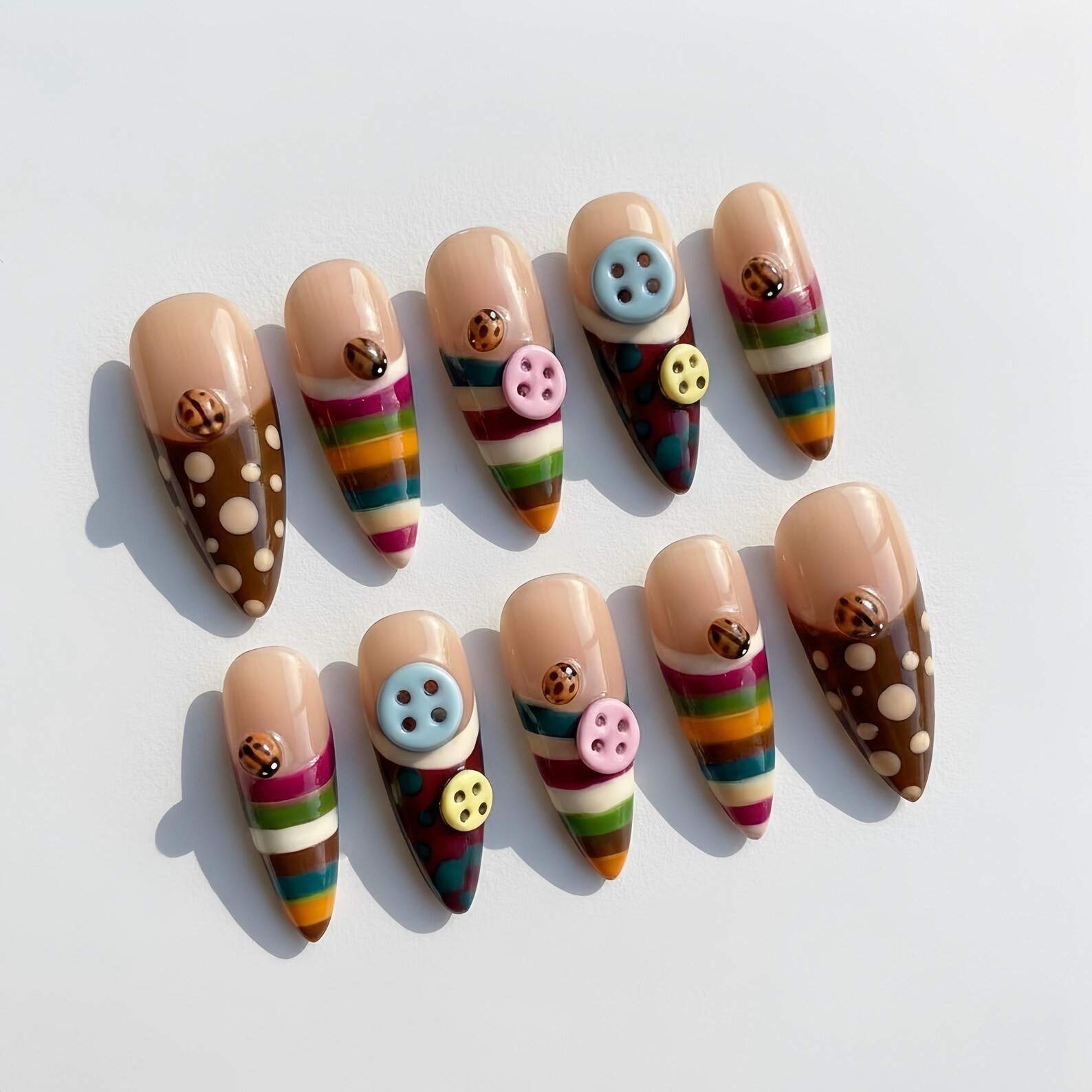 Handmade Retro Rainbow Stripe Polka Dot Colorful Button Almond Press on Nails