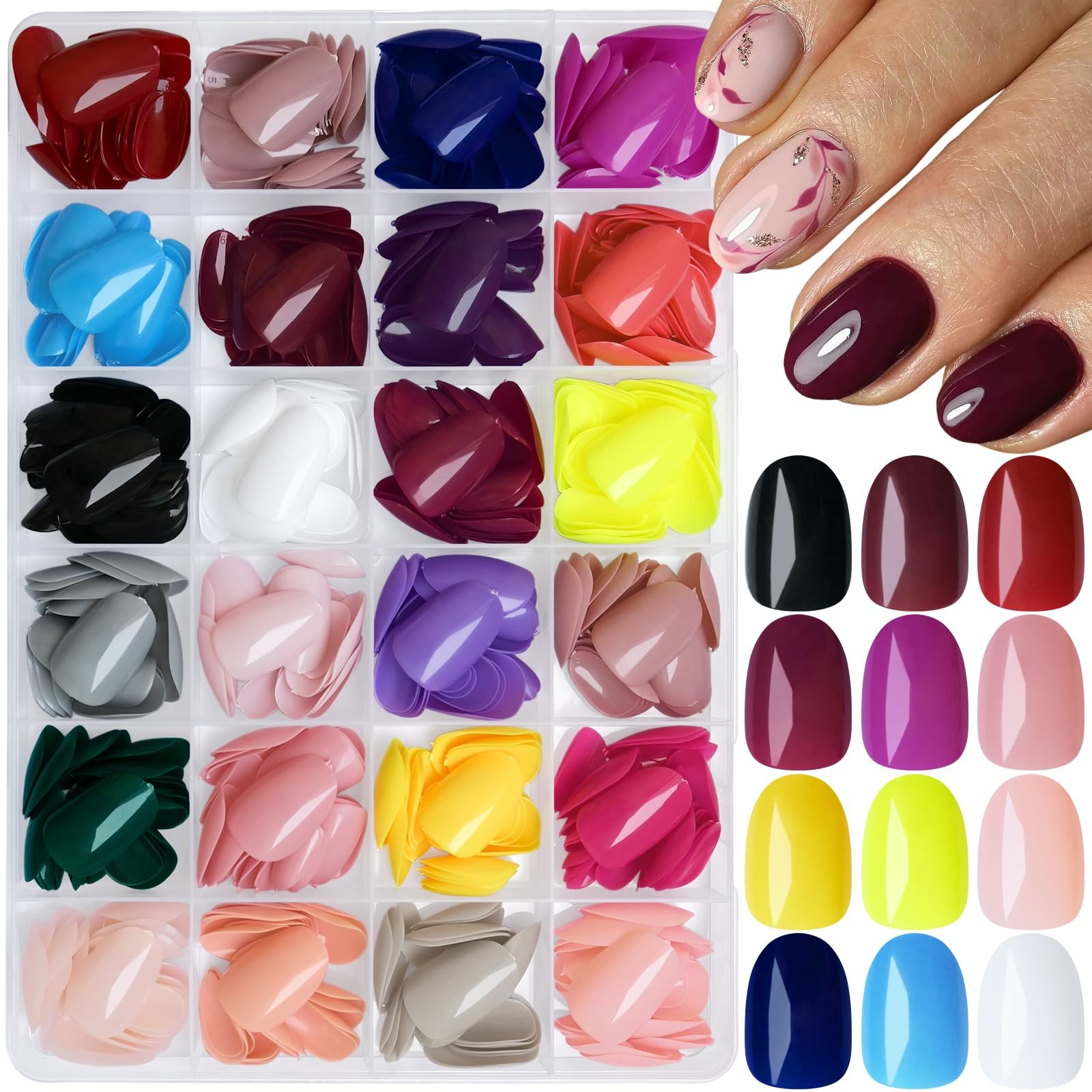 Oval Press on Nails Short, 576pcs Oval Fake Nails Full Cover Glossy Short Nai…