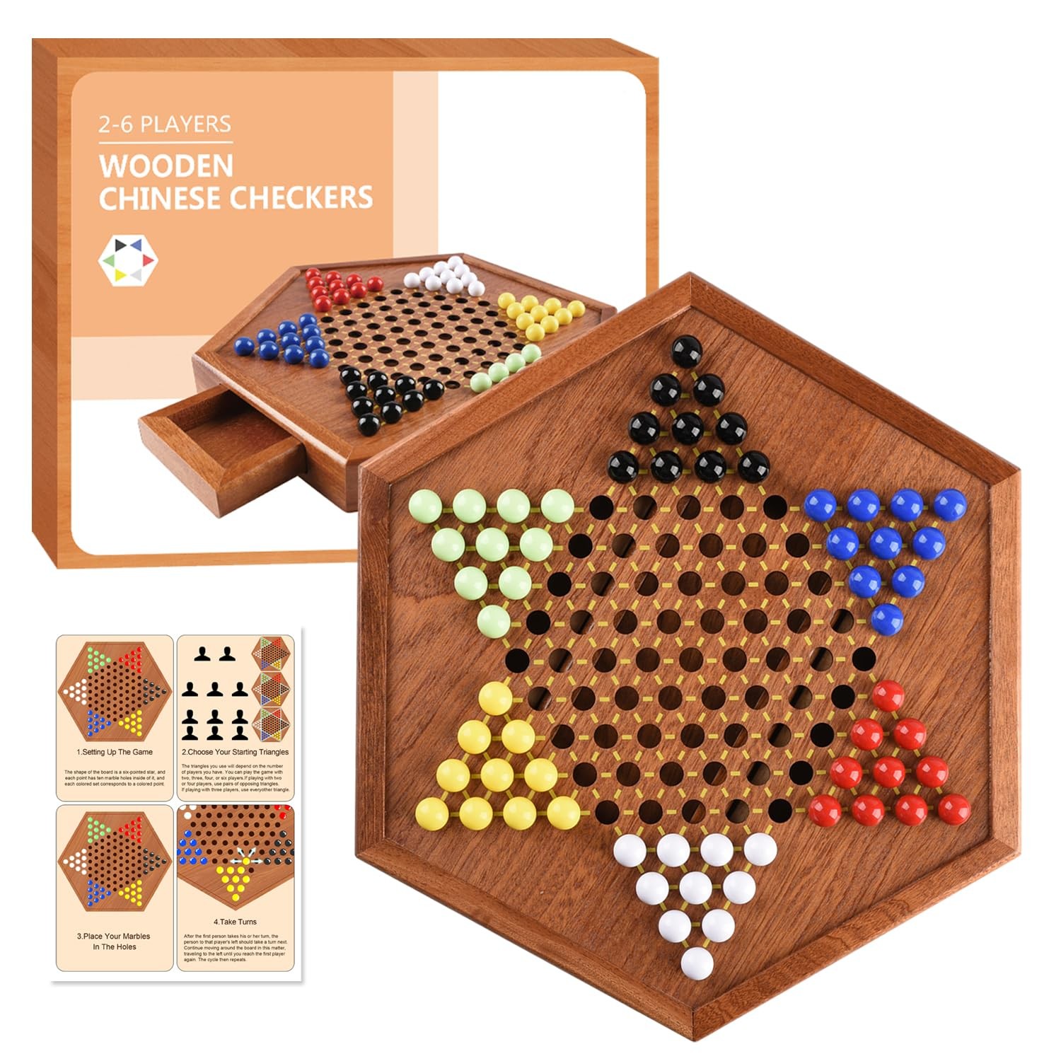 Wooden Chinese Checkers with Drawers 12 Bonus 12.7 x 11 x 1.6 inches, Brown