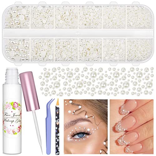 3600Pcs Face Gems Eye Pearls with Makeup Glue for Rhinestones, Half Pearls