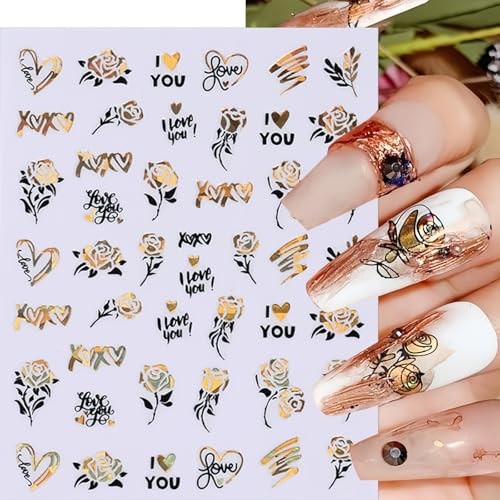 6 Sheets Valentines Heart Nail Art Stickers Black Gold Heart-Shaped 3D heart