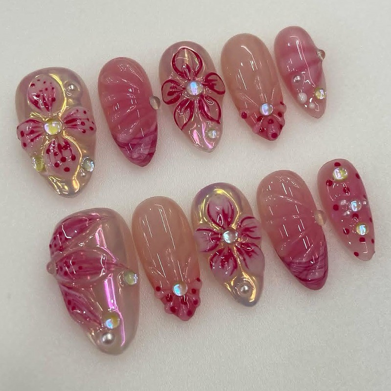 Press on Nail – Pink Cherry Blossoms, Medium To Long Almond Nails, 30 Piece Set