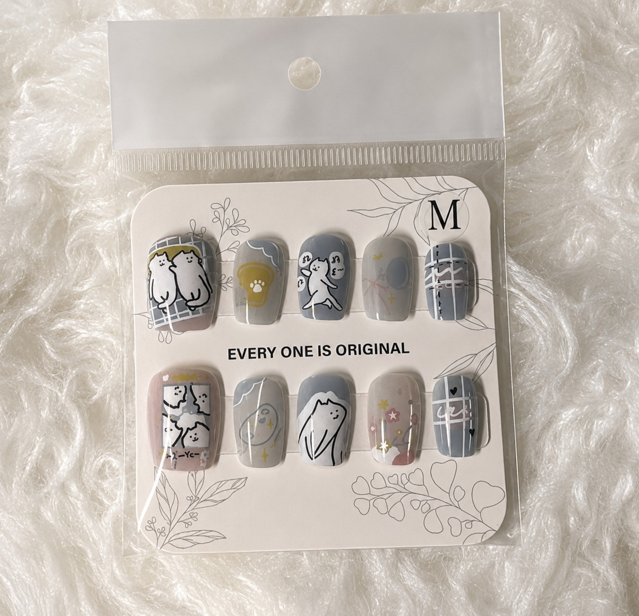 Dusty Grey Blue Cartoon Animal Press-On Nails – Glossy Full Cover – Medium