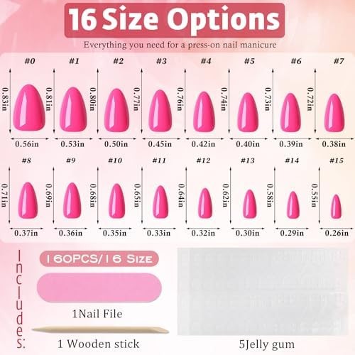 160Pcs Press on Nails Short Almond – Hot Pink Nails Press ons with 5 Pieces Jell