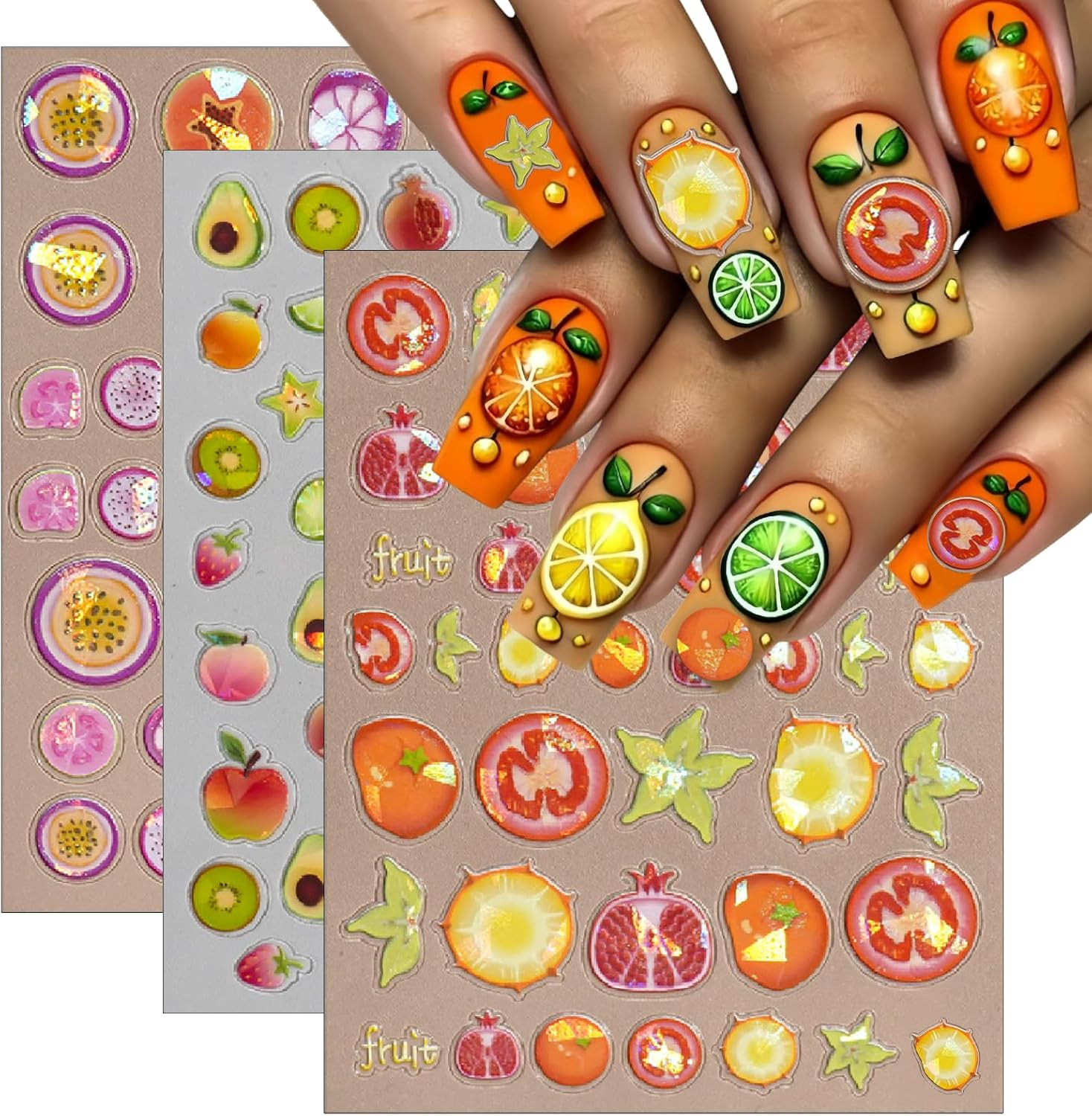 3 Sheets Summer Fruit Nail Art Stickers 5D Self-Adhesive Shell Light Embossed Le
