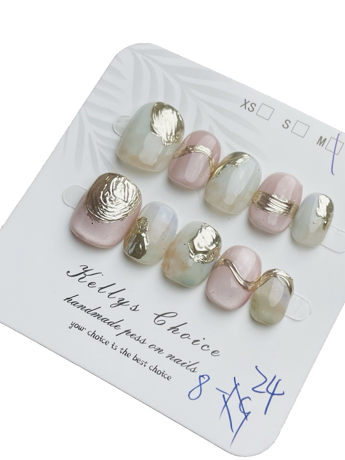 Premium Press On Nails Size MEDIUM, Super Short Length Oval Pink Gold Catseye