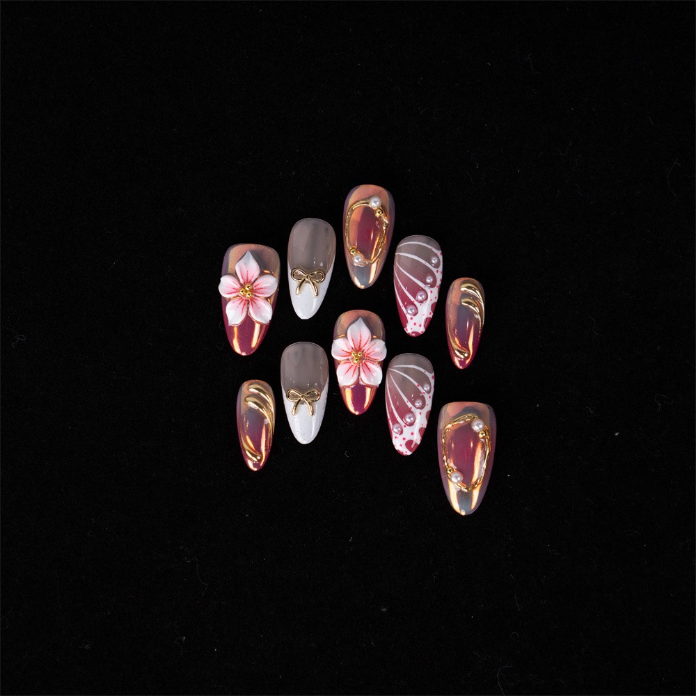 Handmade Press On Nails High Quality Pink Floral Gold Almond Fake Nails Gift