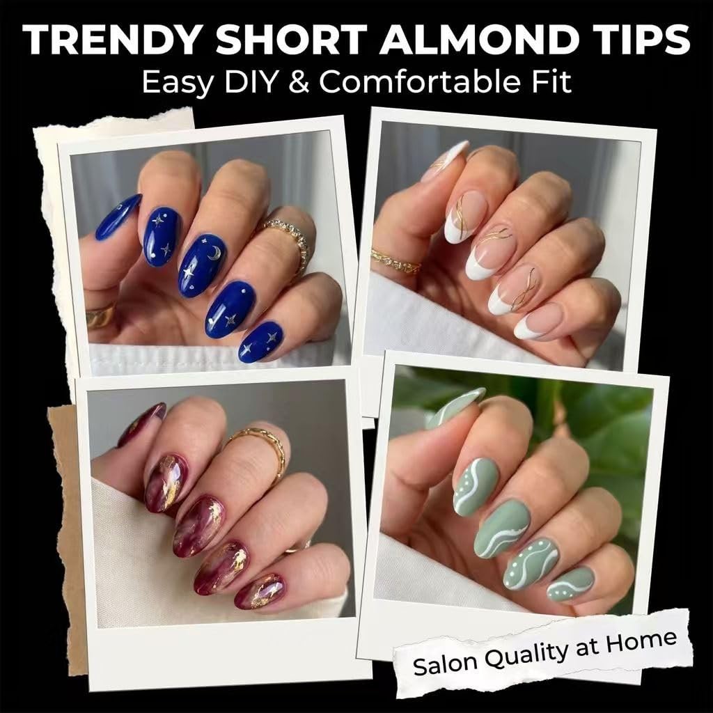 Plauva Short Almond Nail Tips, 216Pcs Pre-Etched Soft Acrylic Nail Tips