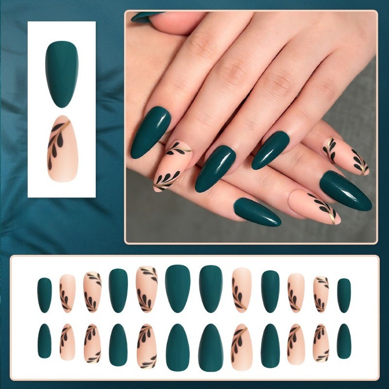 48pcs-Dark Teal Press on Nails, Medium Almond Nude Gold Leaf Accent False Nails