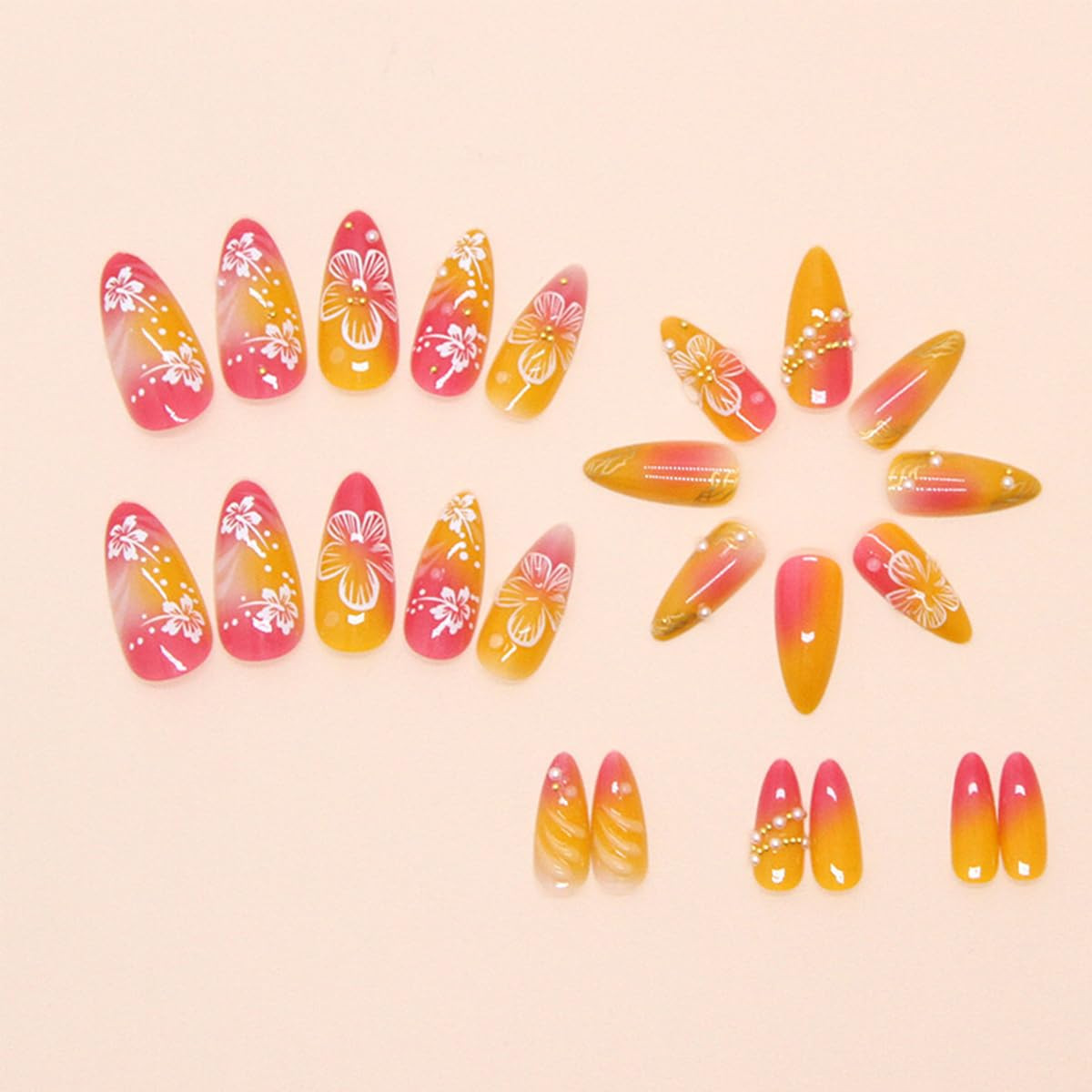 24Pcs Flower Press on Nails Medium Almond Fake Nails with Gold Beads Pearls Desi