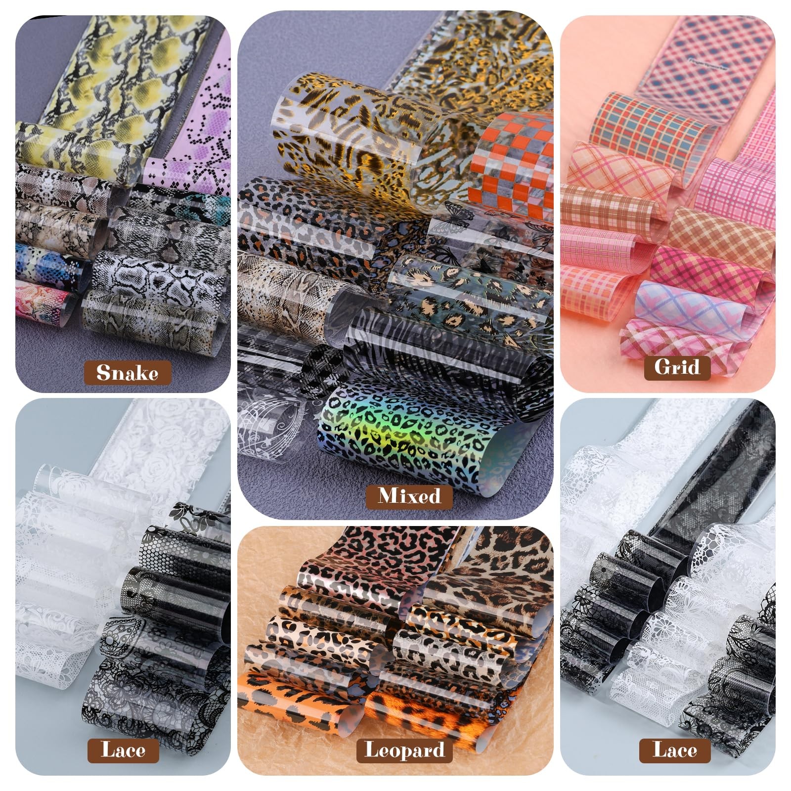 10 Rolls Nail Art Foils Transfer Stickers, Butterfly Plaid Snake Leopard Lace…
