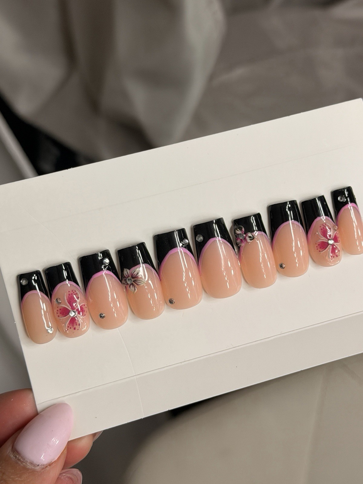 🌸 CUSTOM Press On Nails FRENCH BLACK Flower PINK 10p SET W Kit