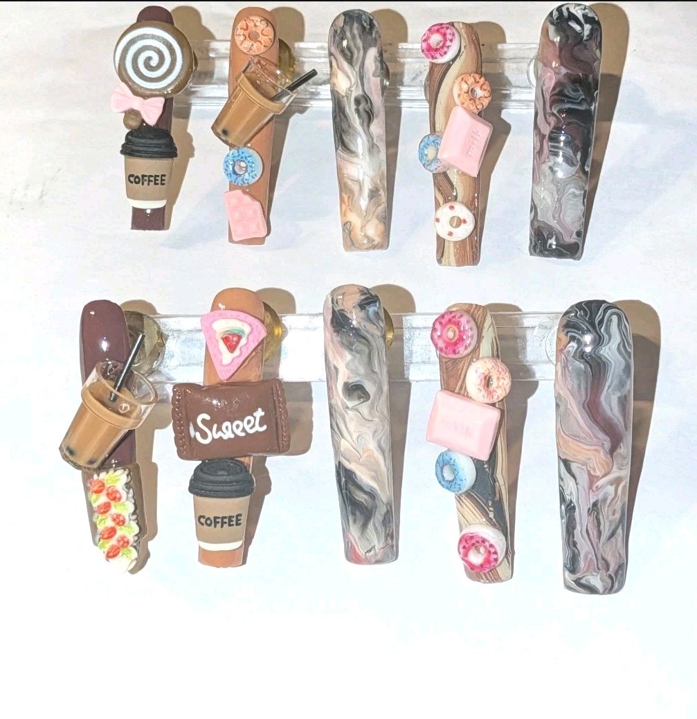 Hand Crafted 3Xl Java Marble Brown & Pink 3D Dessert Press-On Nails Sz Large