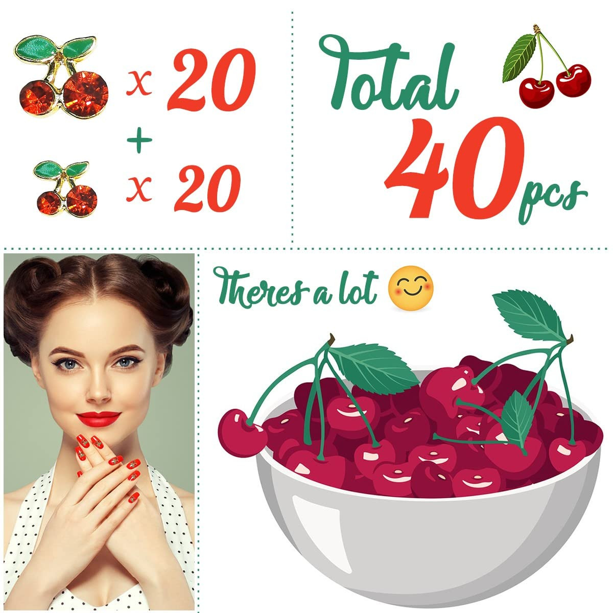 40 Pcs 3D Cherry Nail Charms Rhinestones for Jewelry Making & DIY Manicure