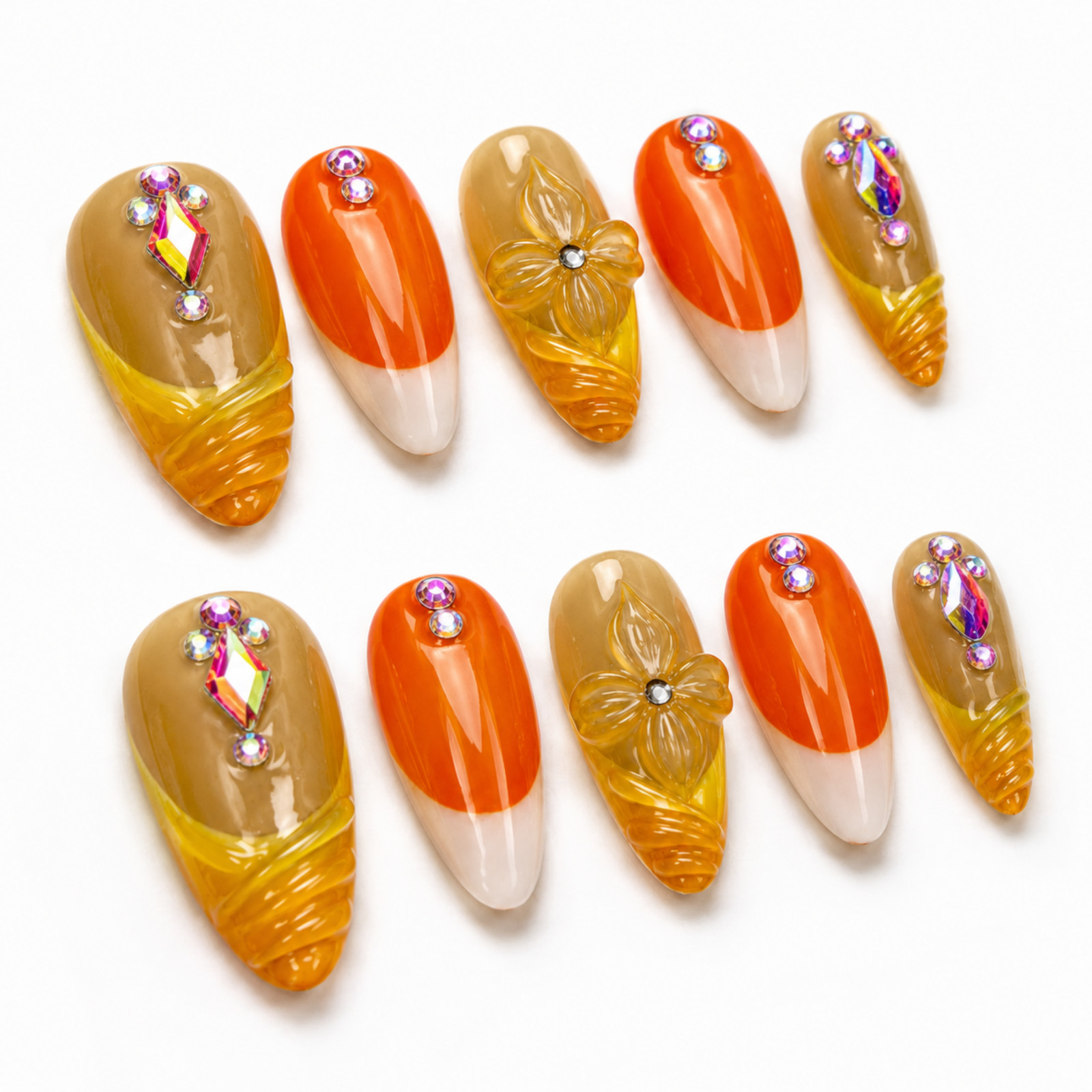 Handmade Orange Yellow 3D Floral Rhinestone Press On Nails Set