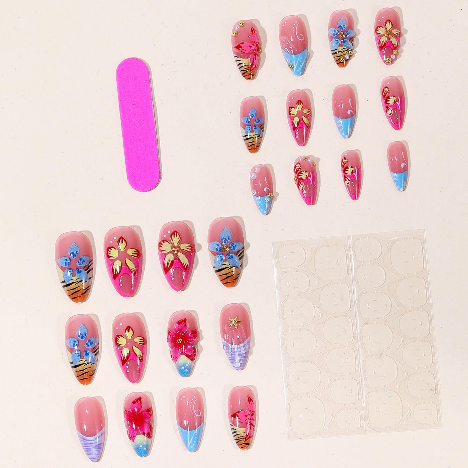 24Pcs Tropical Press on Nails Medium Almond Fake Nails with 3D Ocean Flower A…