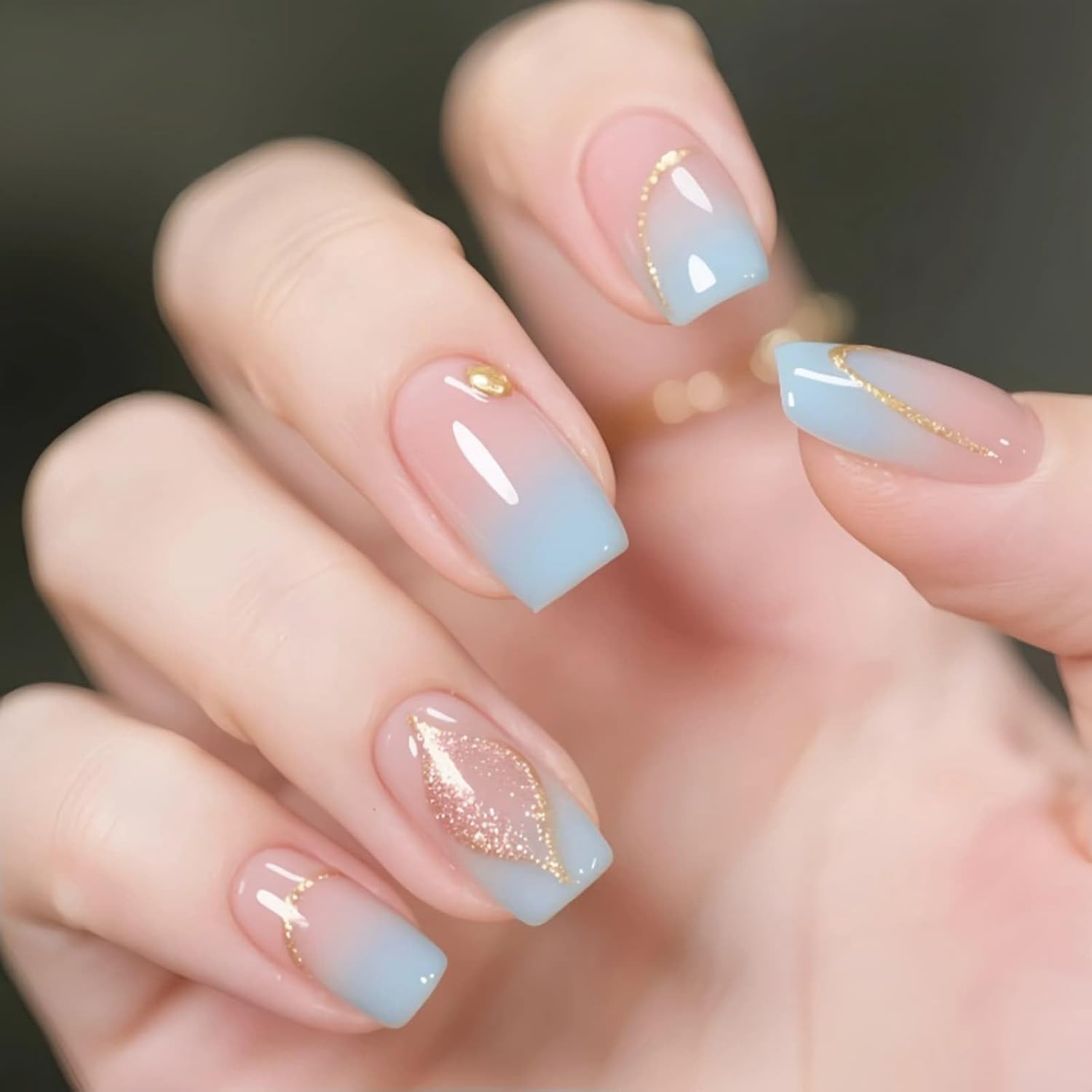 24PCS French Tip Press on Nails, Nude Square Glossy Fake Nails with White Silver