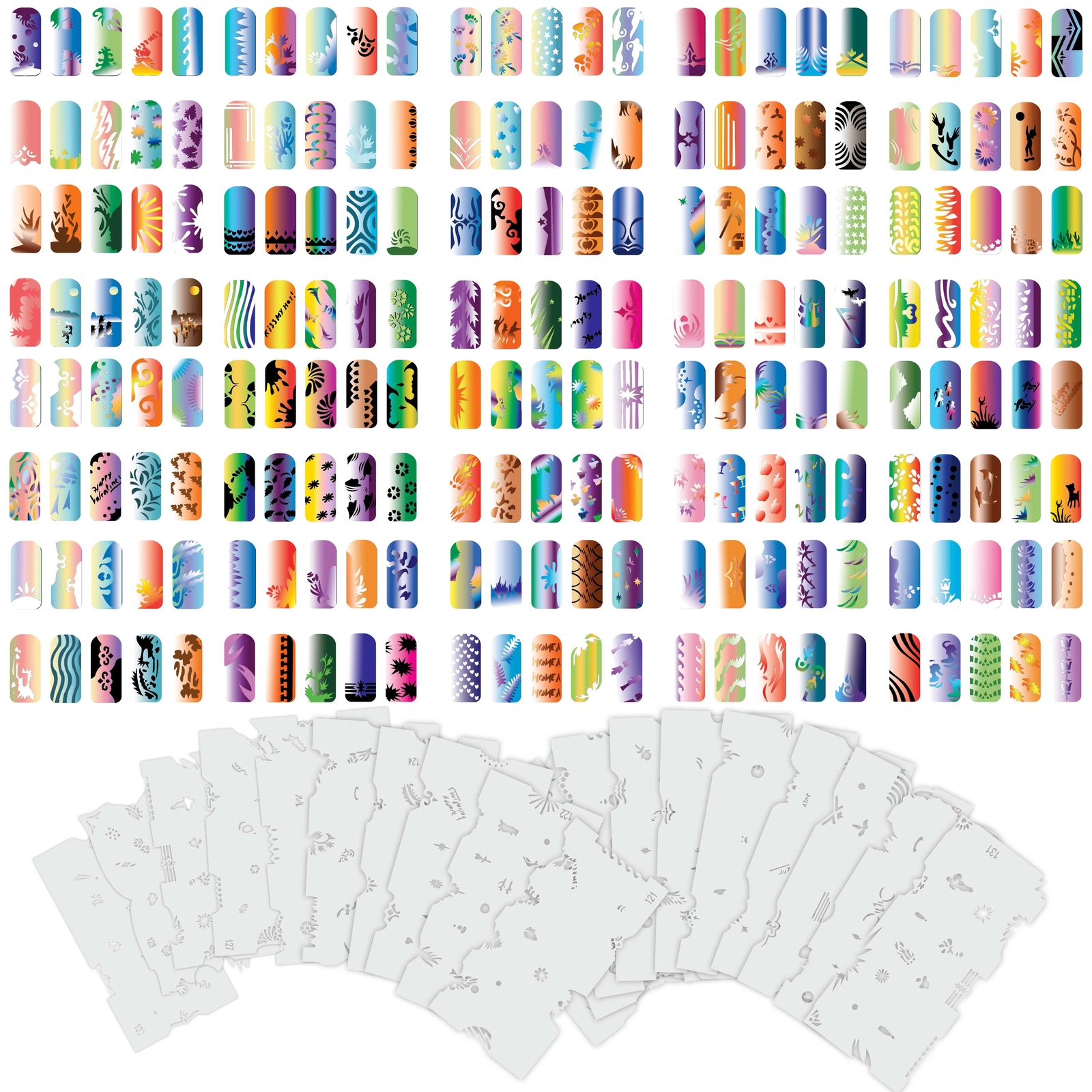 Set 7 320 Airbrush Nail Art STENCIL DESIGNS – 20 Template Sheets Kit Brush Paint