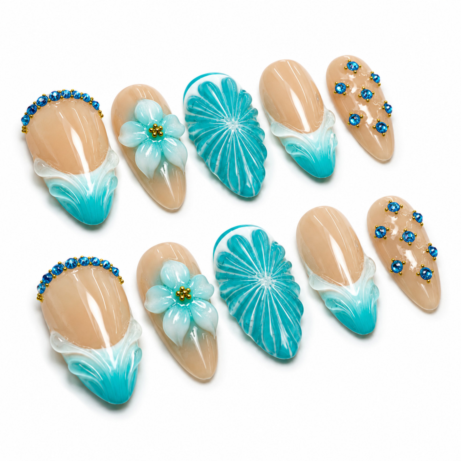 Handmade Nude Turquoise Floral Press On Nails 3D Rhinestone Set