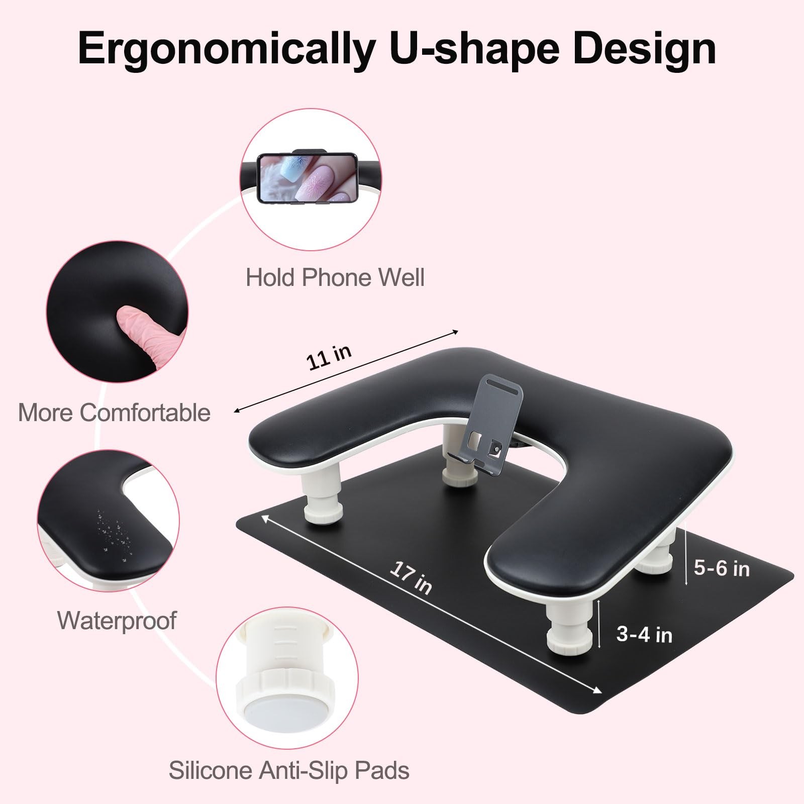U Shaped Manicure Nail Hand Rest Arm Stand Pillow W/ Table Mat Phone Holder
