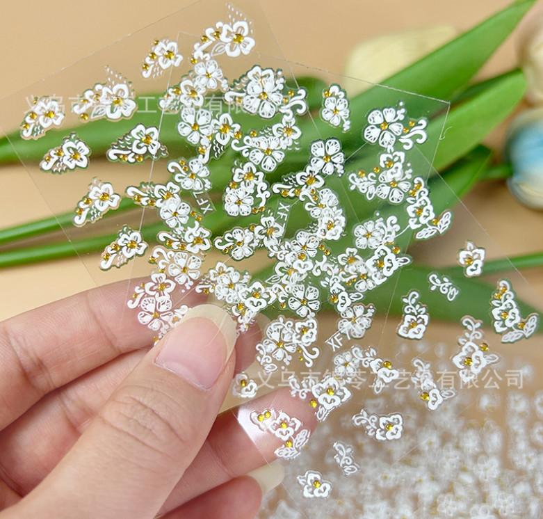 10sheets White Lace Daisy Flower Gold Rhinestones Nail Art Stickers Decor XF