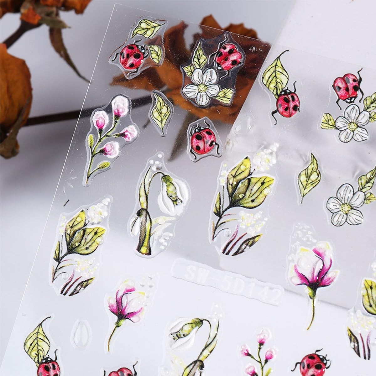 2 Sheets Ladybug Nail Stickers Spring Summer Flower Nail Art Stickers Self-Ad…