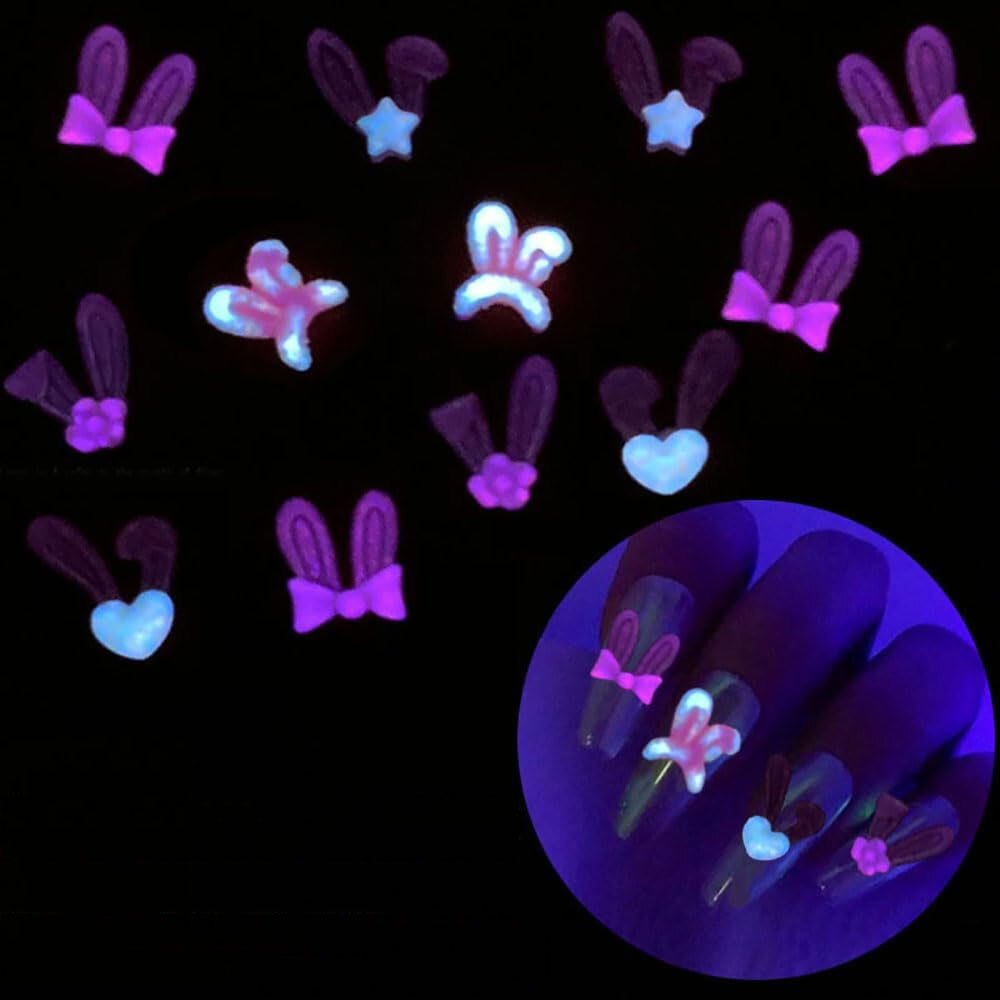 50Pcs Glow In The Dark Kawaii Nail Rabbit Ears Designs Unique Charms Jewelry