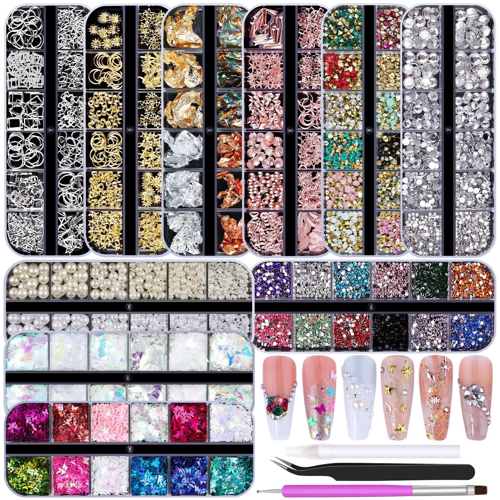 Kikonoke 10 Boxes Nail Art Kit – 12 Colors Pointed/Flatback Set 1 – 10