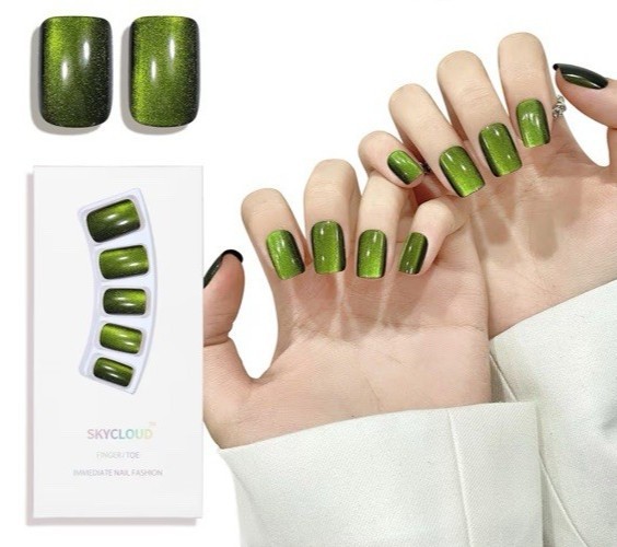 SKYCLOUD Green Cat Eye Gel Press On Nails Full Cover Tips Reusable SemiCured DIY