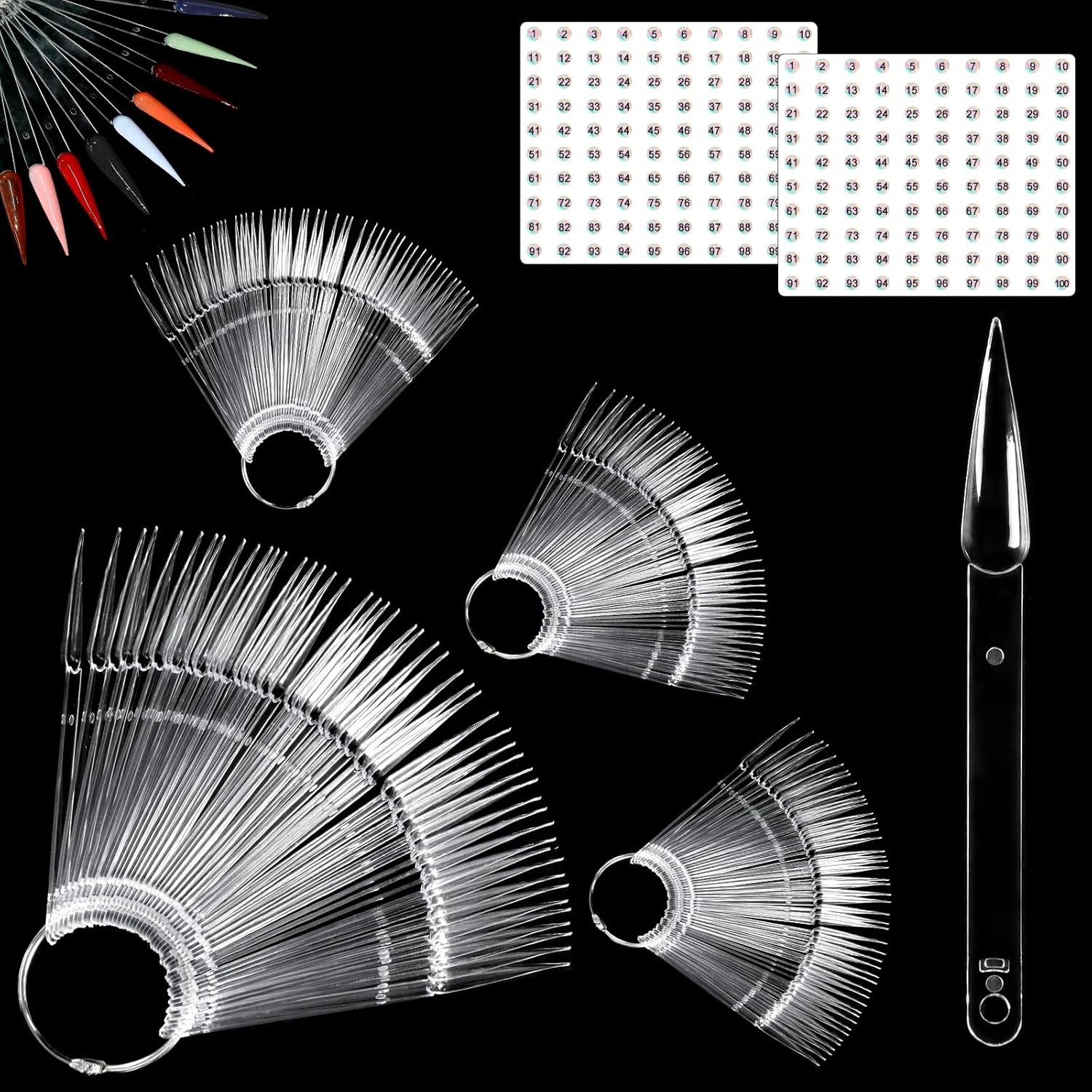 200 Pcs Clear & Natural Nail Swatch Sticks with Ring and Numbered Tips Pointed