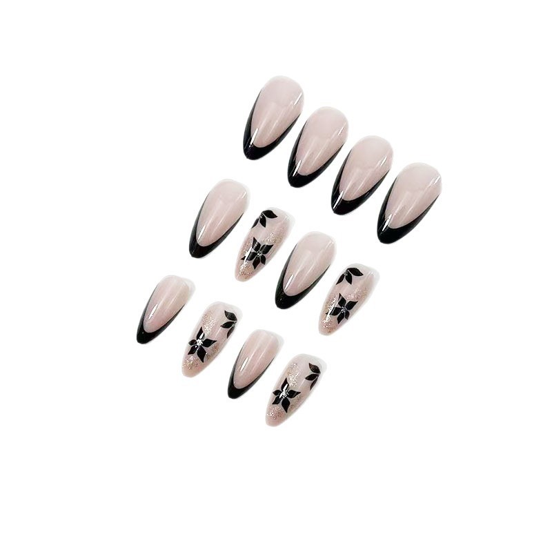 48PCS Long Almond Nail Press Reusable Bare Powder Ribbon Black Flower Fake Nails