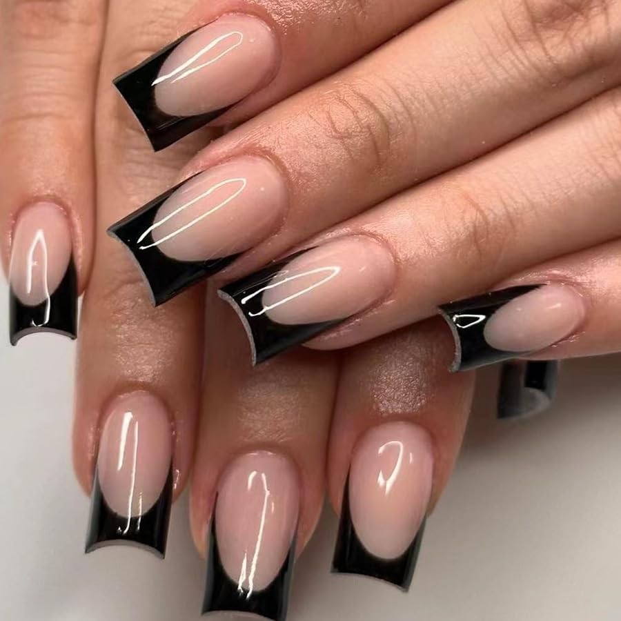SHUXILIN 24Pcs Black French Tip Press on Nails Medium Square Nails Press ons …
