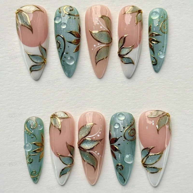 60Pcs Gold Leaf Pearl Press on Nails,Medium Almond Green Nude Elegant Fake Nails
