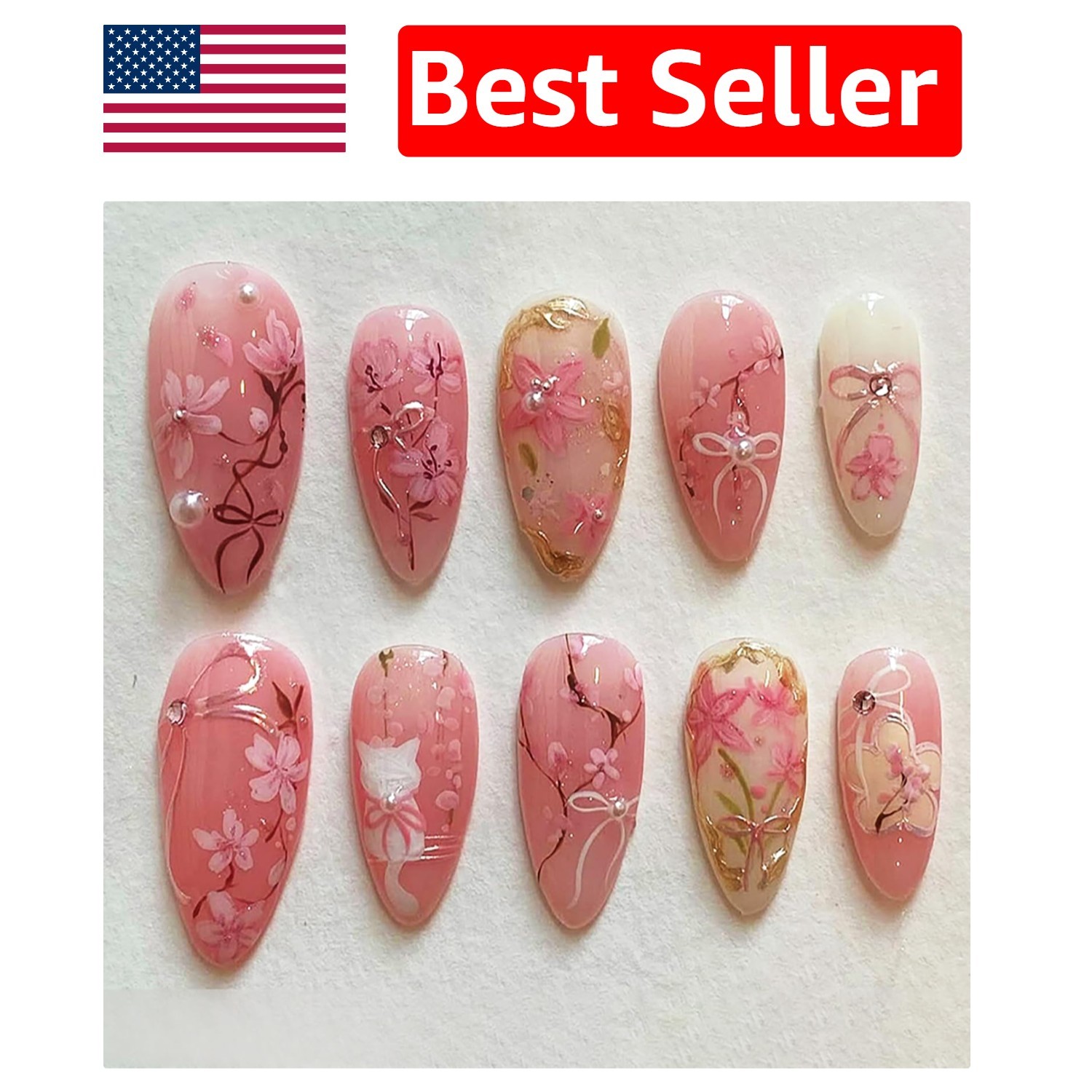 30Pcs Pink Flower Press on Nails – Gorgeous Almond Shape with Bow Design